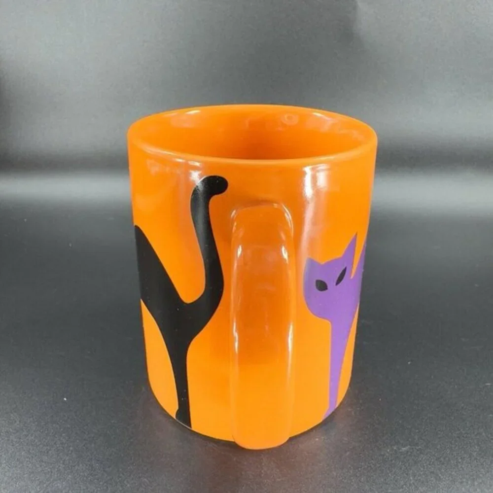 Crate & Barrel Orange Coffee Mug Cup Purple Black Halloween Cats Ceramic Set‎ 2